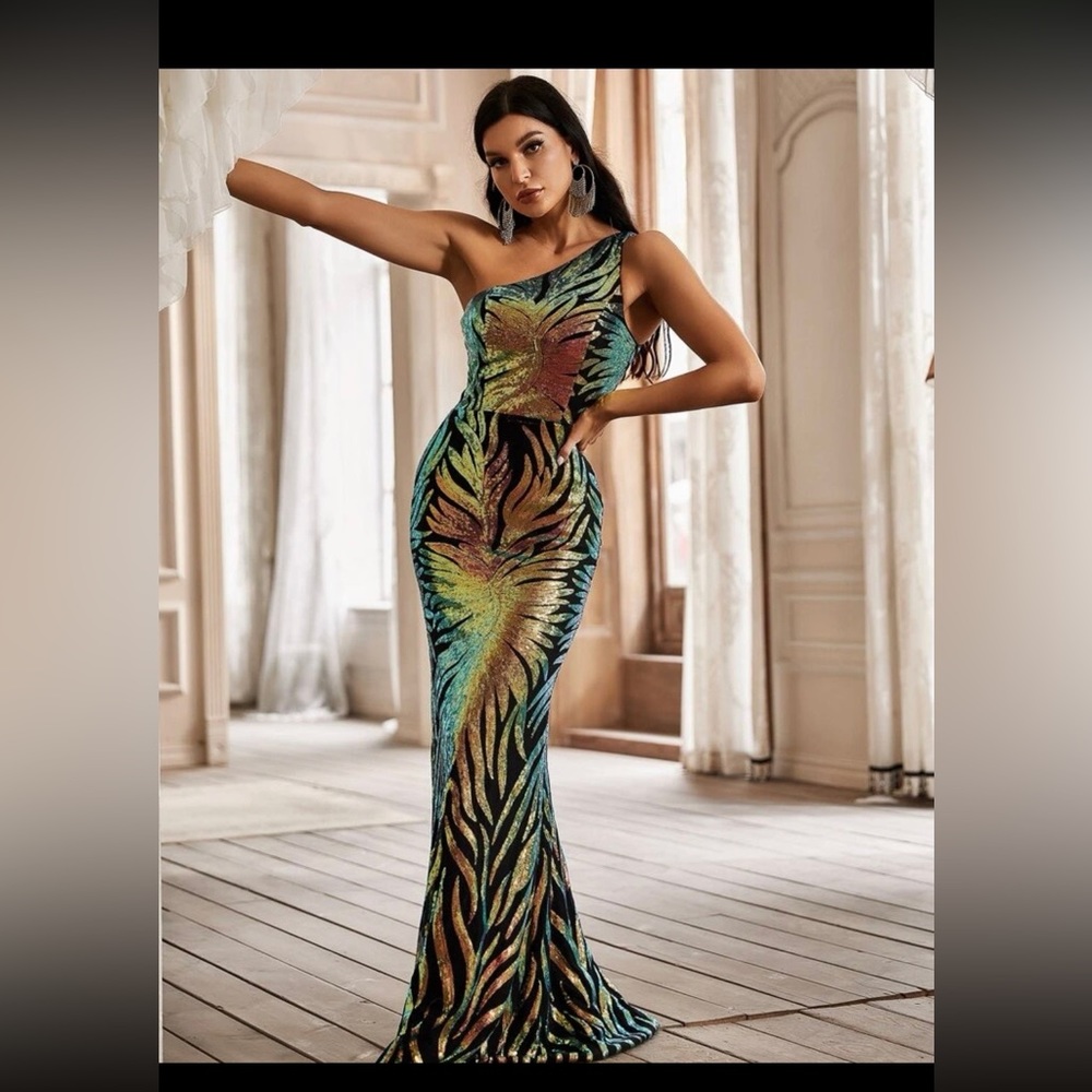 Shein One Shoulder Holographic Gown Dress Medium